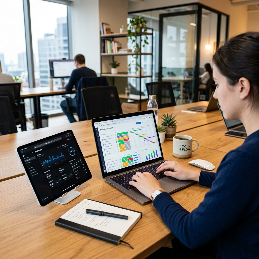 Woman using laptop with project dashboard and tablet showing analytics