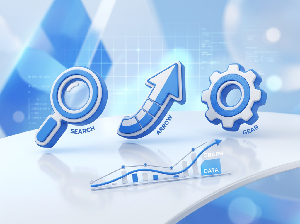 Three 3D icons labeled Search, Arrow, and Gear above a line and bar graph labeled Graph and Data