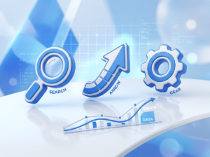Three 3D icons labeled Search, Arrow, and Gear above a line and bar graph labeled Graph and Data